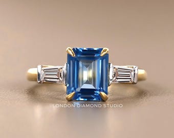 Emerald Cut Lab Sapphire Three Stone Ring, Art Deco Baguette Diamonds, Gold Engagement Ring