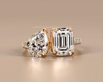 Toi Et Moi Pear Emerald Cut Engagement Ring, Lab Grown Diamond Bypass Gold Ring