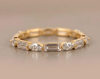 Baguette Marquise Lab Diamond Eternity Band, Solid Gold Wedding Ring, 10K 14K 18K