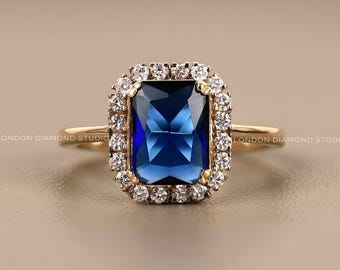 Lab Grown Blue Sapphire Cushion Halo Ring, Art Deco Diamond Vintage Gold Promise