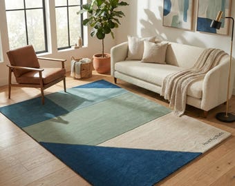 Contemporary Blue Hand Tufted New Zealand Wool Rug for living room , Bedroom .