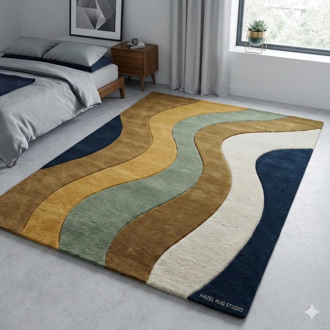 Modern Retro Wave Hand Tufted New Zealand Wool Rug for Living Room ...