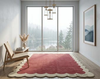 Hand Tufted New Zealand Wool Area Rug, Scalloped Geometric Pink Ivory Floor Art