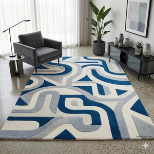 Geometric lilly Blue Hand tufted New Zealand Wool Rug