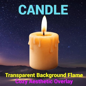 May include: A lit, beige candle with a melting wax design. The word "CANDLE" is in large, blue text above the candle. The text "Transparent Background Flame Cozy Aesthetic Overlay" is below the candle.