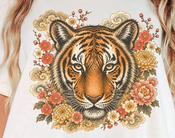 Japanese Tiger Floral T-Shirt, Vintage Japanese Art Tee