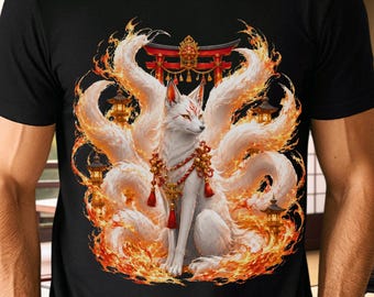 Kitsune Fox T-Shirt - Mystical Japanese Shrine Spirit Art