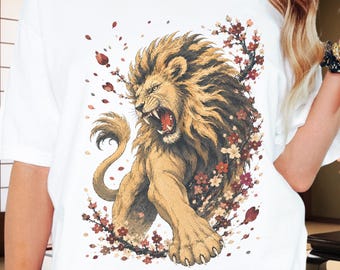 Roaring Lion T-Shirt, Japanese Sakura Art Tee