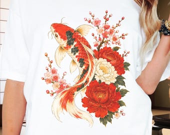 Japanese Koi Fish T-Shirt, Floral Ukiyo-e Inspired Art