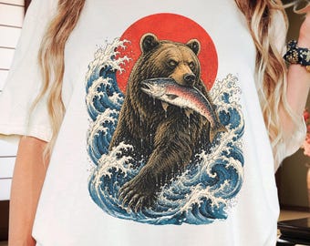 Bear and Salmon T-Shirt , Japanese Ukiyo-e Wave Art