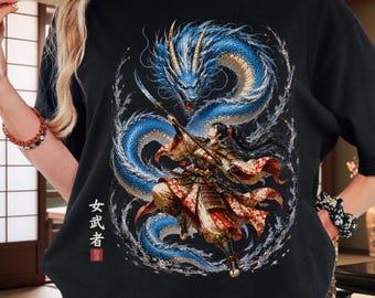 Female Samurai T-Shirt - Japanese Blue Dragon Warrior Art