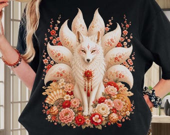 White Kitsune Fox T-Shirt - Japanese Nine-Tailed Floral Art