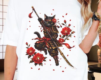 Black Cat Samurai T-Shirt, Japanese Warrior Cat Art