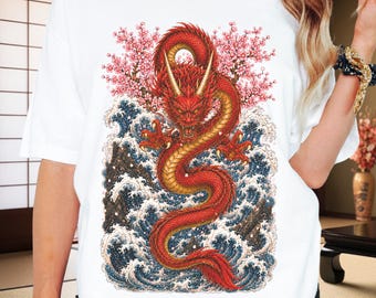 Red Japanese Dragon T-Shirt - Sakura & Ocean Wave Art Tee
