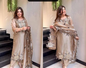 Luxury Beige Stitched Suit Set | Floral Embroidered Kurta Pant Dupatta Indian Weddingwear Dress for Women Salwar kameez Pakistani partywear
