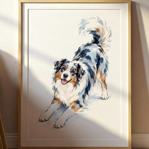 Könnte beinhalten: Ein gerahmter Kunstdruck mit einer Aquarellillustration eines Blue-Merle-Australian-Shepherd-Hundes in Spielhaltung. Der Hund hat eine weiße Brust, lohfarbene Abzeichen an Gesicht und Beinen sowie einen buschigen Schwanz auf hellem Grund.