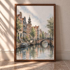Lámina acuarela ciudad del canal europeo, puente de piedra, torre del reloj, arte casas