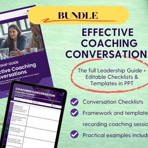 Peut inclure: Un ensemble de ressources pour des conversations de coaching efficaces. Comprend un guide de leadership, des listes de contrôle modifiables et des modèles au format PPT. L'image montre un livre à spirales, une tablette et du texte.