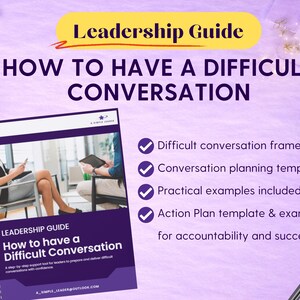 May include: A leadership guide titled "How to Have a Difficult Conversation" with a purple cover and spiral binding. The guide includes a difficult conversation framework, planning templates, practical examples, and an action plan. The background is a light purple.
