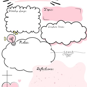 Peut inclure: Modèle de notes d'église imprimable, avec un design rose et blanc. Il comprend des sections pour les chants de culte, le sujet, les versets bibliques, les notes et les réflexions. La phrase "Jesus loves you" est écrite en cursive.
