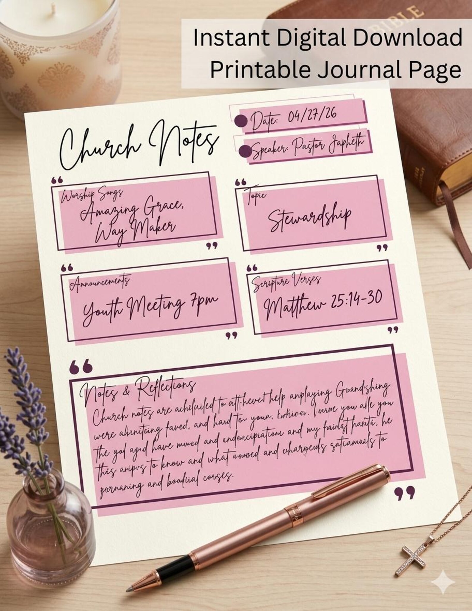 Modern Pink Church Notes Template | Elegant Sermon Journal Printable ...