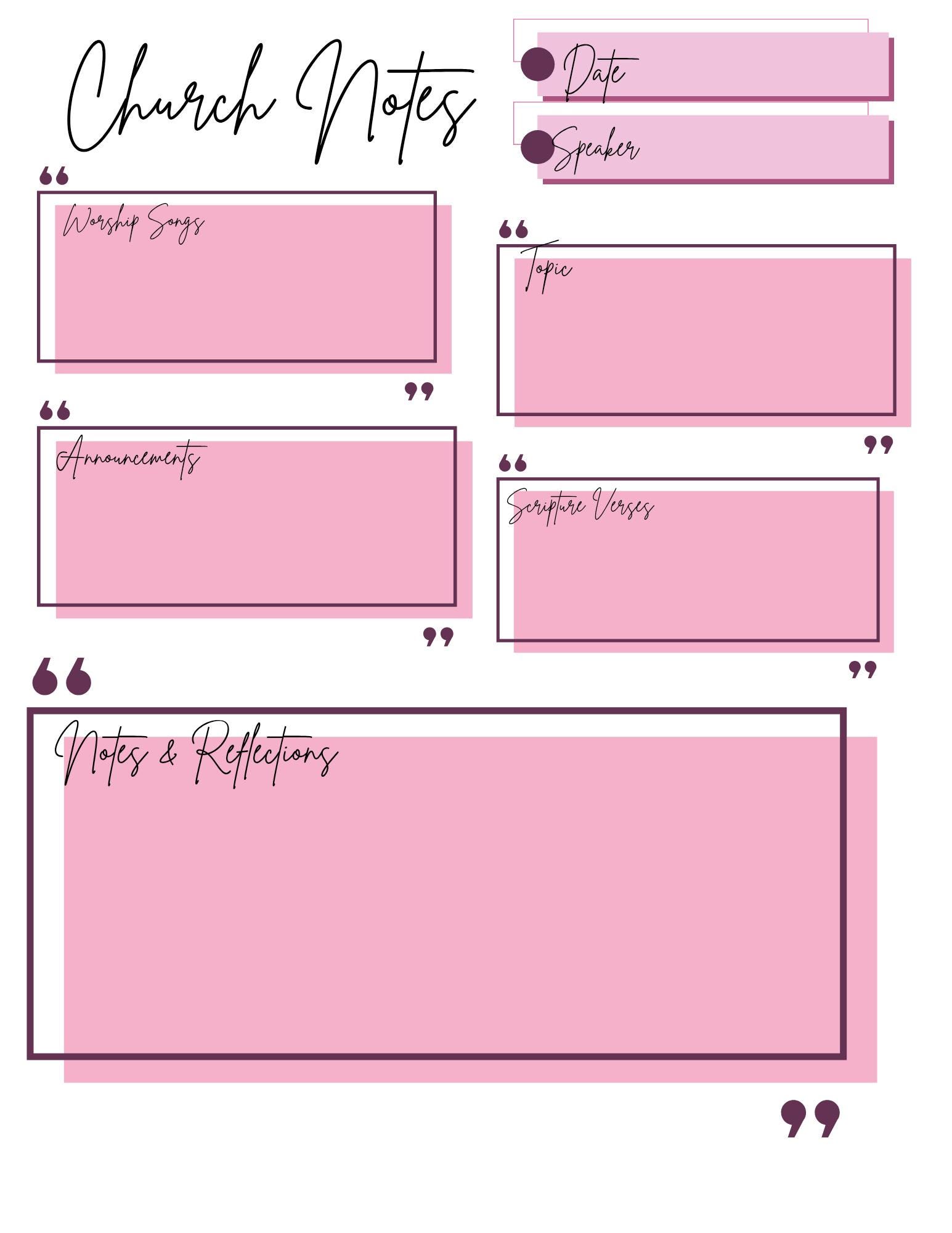 Modern Pink Church Notes Template | Elegant Sermon Journal Printable ...