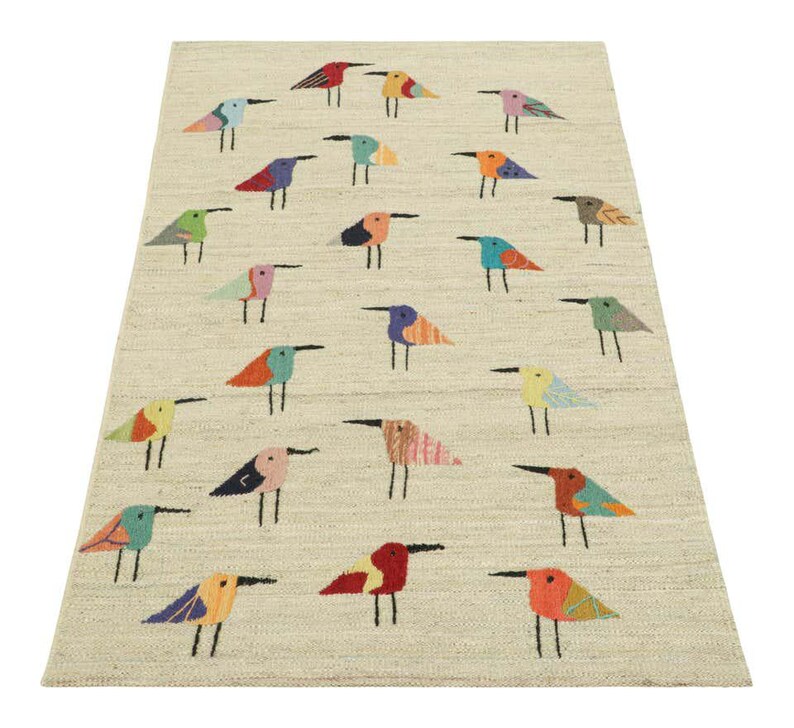 Folk Pattern Rug Handwoven Colorful Bird Pattern Wool Area Rug, Whimsical Animal Motif ...