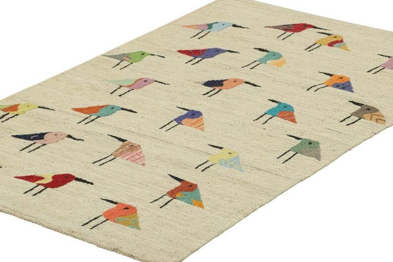 Folk Pattern Rug Handwoven Colorful Bird Pattern Wool Area Rug, Whimsical Animal Motif ...