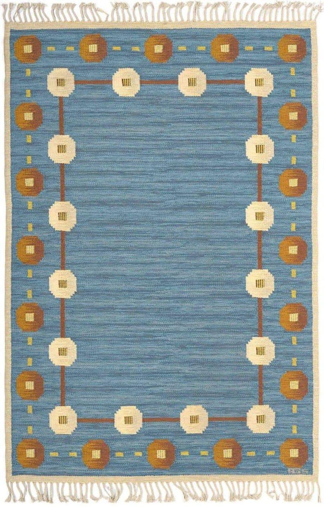 Cog Pattern Rug Vintage-inspired Mid-century Swedish Geometric Wool Rug, Blue Cog Motif ...