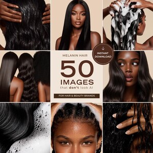 May include: A collage of images featuring black hair and beauty products. The central image displays the text "MELANIN HAIR 50 IMAGES that don't look AI" with an "INSTANT DOWNLOAD" button. Other images show hair care and styling.