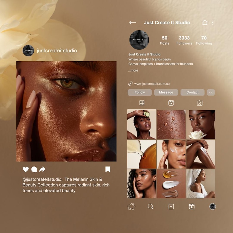 May include: Instagram post by Just Create It Studio featuring a close-up of a person's face with radiant skin and green eyes. The post promotes The Melanin Skin & Beauty Collection, with additional images showcasing skincare.