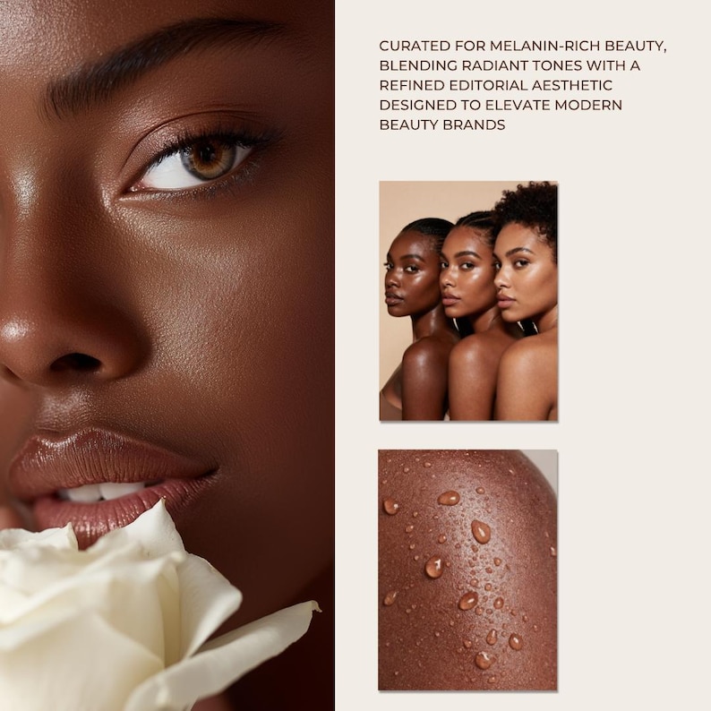 May include: Close-up of a person's face with dark skin, holding a white rose. The image includes text: CURATED FOR MELANIN-RICH BEAUTY, BLENDING RADIANT TONES WITH A REFINED EDITORIAL AESTHETIC DESIGNED TO ELEVATE MODERN BEAUTY BRANDS.
