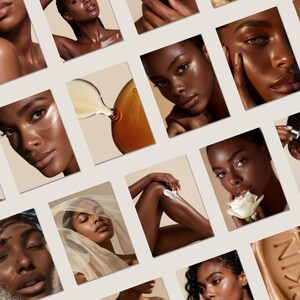 May include: A collage of beauty product images featuring diverse models. The images showcase skincare products, including eye patches, serums, and moisturizers. The models have radiant skin, and some are holding a white rose.