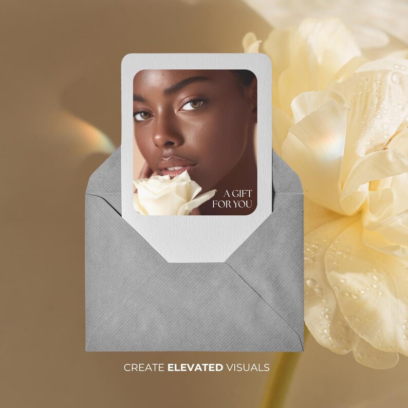 May include: A gift card with a photo of a person holding a white rose, inside a gray envelope. The gift card reads "A GIFT FOR YOU". The bottom of the image reads "CREATE ELEVATED VISUALS".