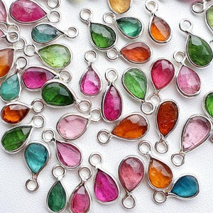 AAA Multi Tourmaline Connector, 925 Silver Gold Plated Bezel Charm, Pear Faceted Gemstone Pendant, Jewelry Making Supply, Single Loop Charm