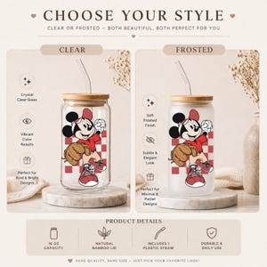 May include: Clear and frosted glass tumblers with Mickey Mouse baseball design. Each tumbler has a bamboo lid and a plastic straw. The clear tumbler shows vibrant colors, while the frosted one has a soft finish. The text reads "CHOOSE YOUR STYLE".