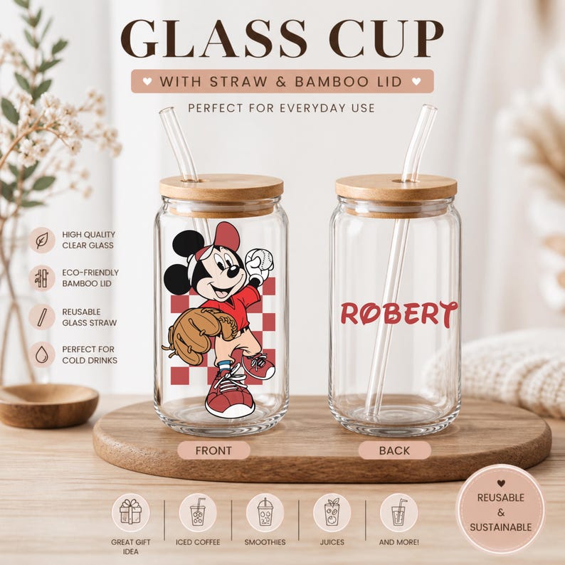 Personalized Mickey Baseball Glass Cup, Custom Name Cup, Baseball Fan Glass Cup, Game Day Tumbler, Mickey Mouse Glass Cup with Name