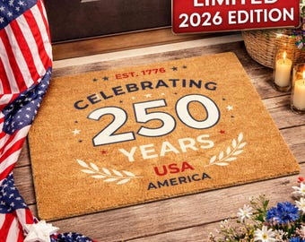 Felpudo del 250 aniversario de Estados Unidos, felpudo patriótico 2026, 4 de julio, felpudo de los 250 años de EE. UU., felpudo de bienvenida del Día de la Independencia, alfombra patriótica para exteriores.