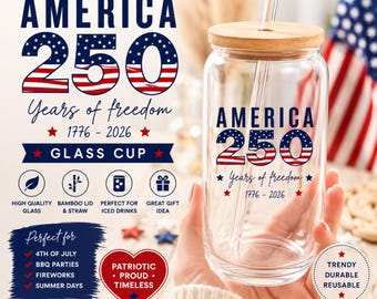 America 250 Years of Freedom Glass Cup, Patriotic Can Glass with Lid & Straw, USA Independence Day Iced Coffee Tumbler, , 4th of July Cup