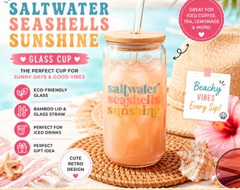 Saltwater Seashells Sunshine Glass Cup, Beachy Iced Coffee Cup, Summer Libbey Can Glass with Bamboo Lid & Straw, Coastal Aesthetic Tumbler