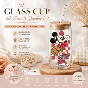 May include: A clear glass cup with a bamboo lid and straw. The cup features a Mickey Mouse baseball design. Text on the image reads "GLASS CUP with Straw & Bamboo Lid" and "Perfect Gift for your loved ones."
