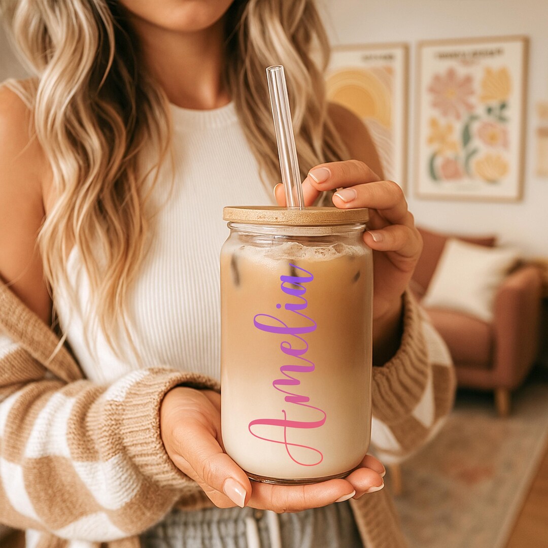 Personalized Glass Cup 16oz With Bamboo Lid & Straw | Custom Name Beer ...