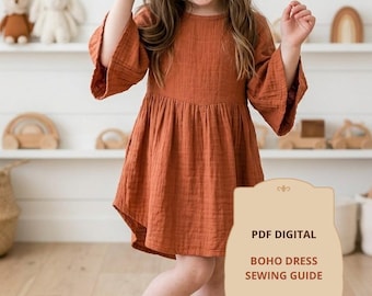 Nähanleitung für ein Boho-Kleid mit Glockenärmeln (PDF), Schnittmuster für Kleinkinder (Mädchen), Nähanleitung für ein Musselinkleid für Kinder, Sofort-Download, Größen 1–12 Jahre