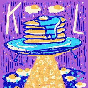 May include: A purple poster with the name "KEITH" in white block letters. The image features a stack of pancakes with blue syrup on a UFO, with fried eggs and flowers. Text includes the date, venue, and performers.