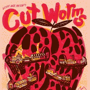 May include: A concert poster for Cut Worms with Michael Rault and Jimmy Whispers at The Echo in Los Angeles, California on October 17th, 2017. The poster features a red apple with a train track running through it.