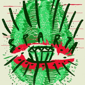 May include: A green and red graphic art poster with the text "SPARK" in a stylized font. The poster includes the date "AUGUST 12 2018" and the location "CLE OHIO". The design features a central diamond shape and a textured, hand-drawn aesthetic.