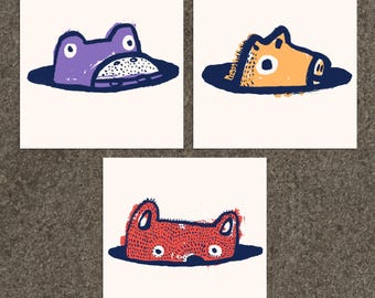 Horse, Hippo, and Bear 12" x 12" Art Print Set