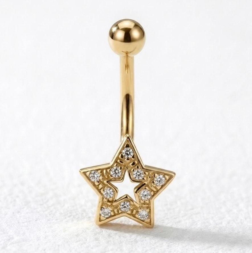 14K Gold Star Belly Ring Dangle Navel Piercing Jewelry, Lab Diamonds Belly