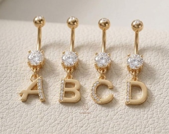 Personalized Initial Belly Button Ring, Moissanite Navel Barbell, 10K 14K 18K Gold Piercing