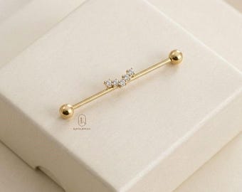 Minimal Diamond Industrial Barbell, Round Cut Moissanite, Lab Grown Diamond Gold Cartilage Earring